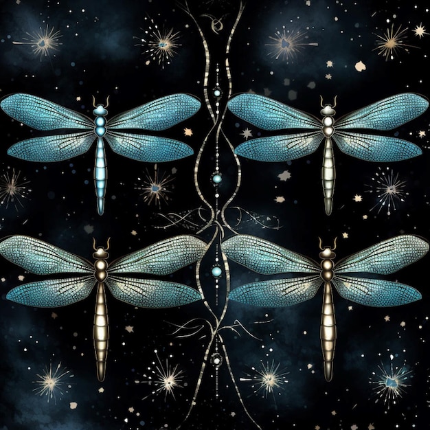 Foto imagem arrafada de um grupo de libélulas em um céu estrelado generativo ai