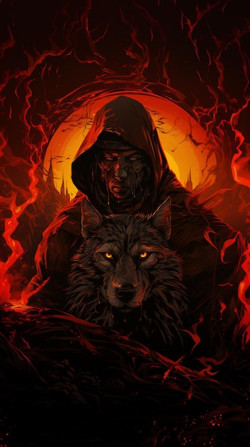 imagem arrafada de um homem de capuz com um lobo generativo ai