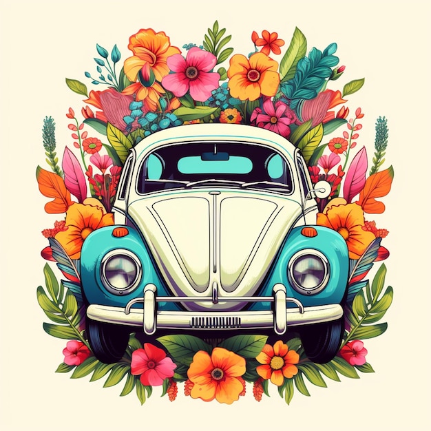 Foto imagem arrafada de um inseto vw com flores e folhas