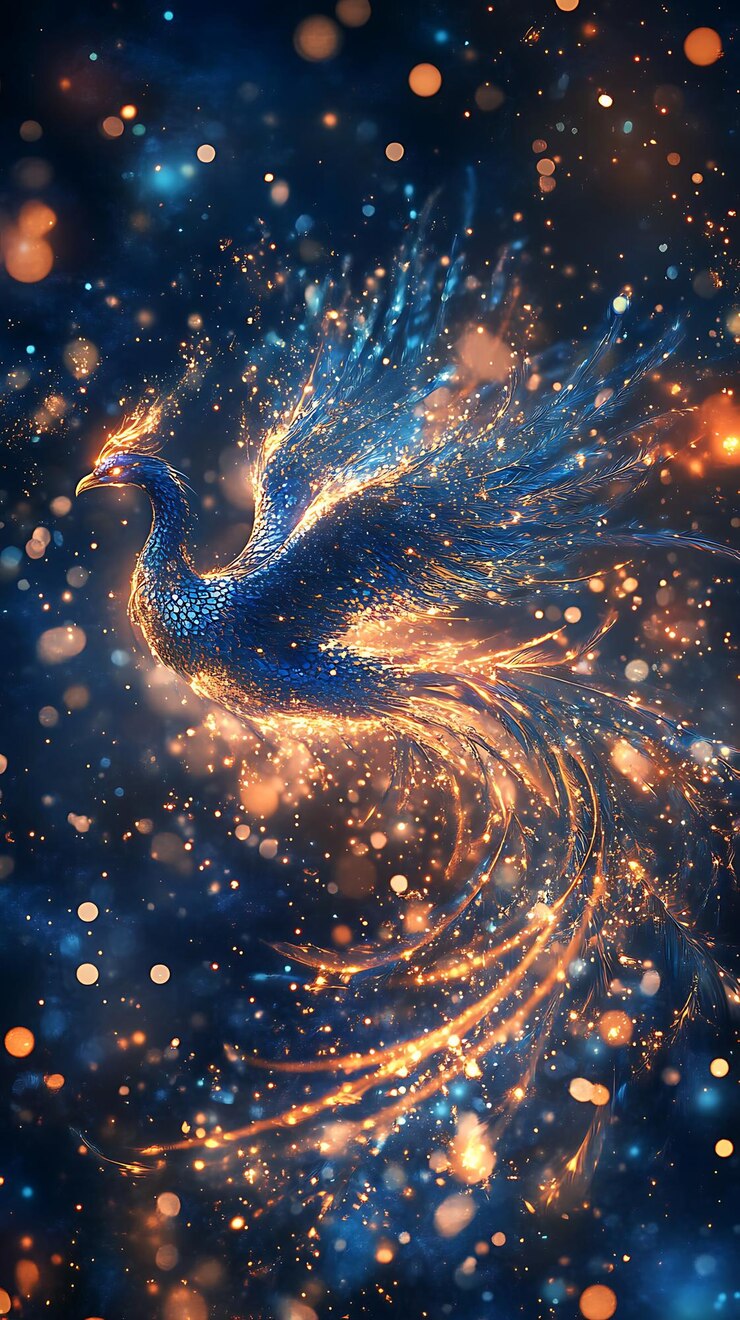 Foto imagem arrafada de um pavão voando através de uma galáxia como fundo