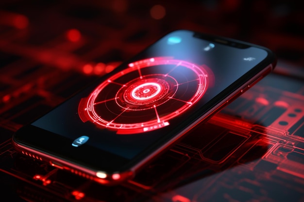 imagem arrafada de um telefone celular com um laser vermelho sobre ele ai generativo