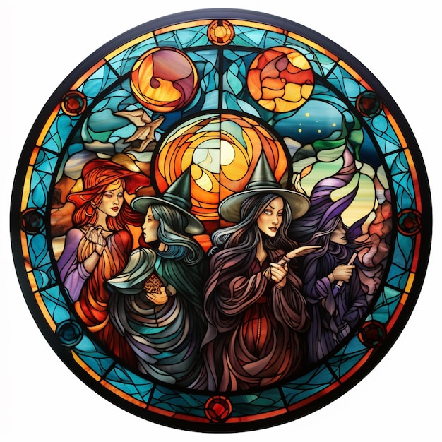 imagem arrafada de um vitral com uma bruxa e três bruxas generativa ai