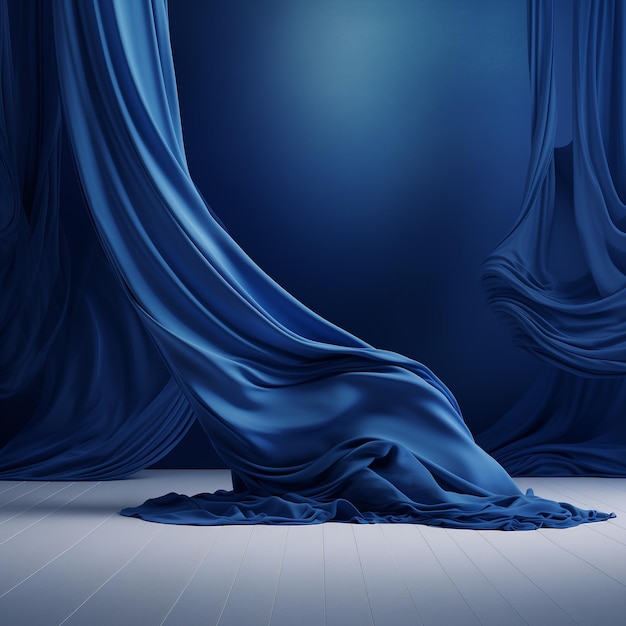 imagem arrafada de uma cortina azul drapeada em uma sala generativa ai