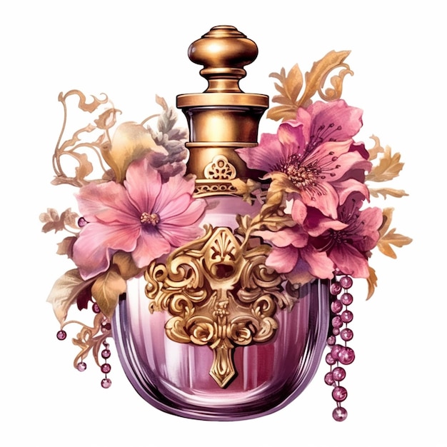 imagem arrafada de uma garrafa de perfume com flores e uma alça de ouro