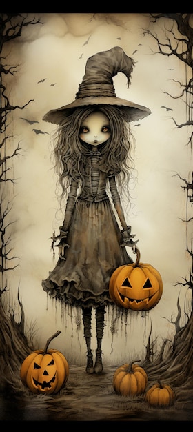 imagem arrafada de uma menina vestida com um traje de bruxa segurando uma abóbora generativa ai