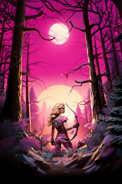 imagem arrafada de uma mulher com um arco e flecha em uma floresta generativa ai