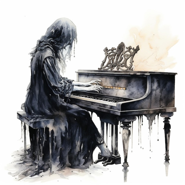 Foto imagem arrafada de uma mulher tocando um piano com um esqueleto nele