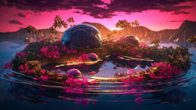 Foto imagem arrafada de uma pequena ilha com um lago e flores generativo ai