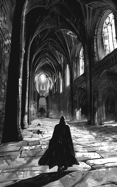 Foto imagem arrafada de uma pessoa em um manto escuro em uma catedral generativa ai