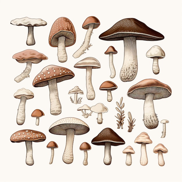 imagem arrafada de uma variedade de cogumelos em um fundo branco