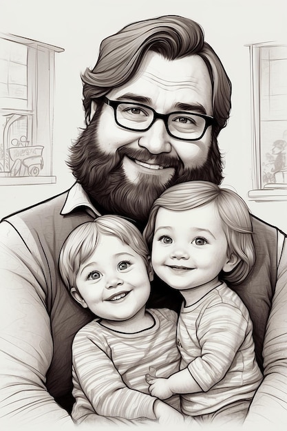 Foto imagem artística de desenho animado de mãe e pai abraçando menina e menino