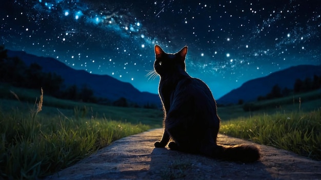 Foto imagem artística de gato preto e lua