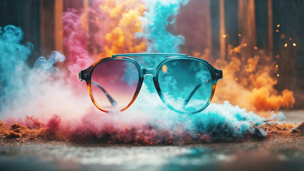 Imagem artística de óculos envoltos em um véu de pintura de fumaça colorida Ilustração realista