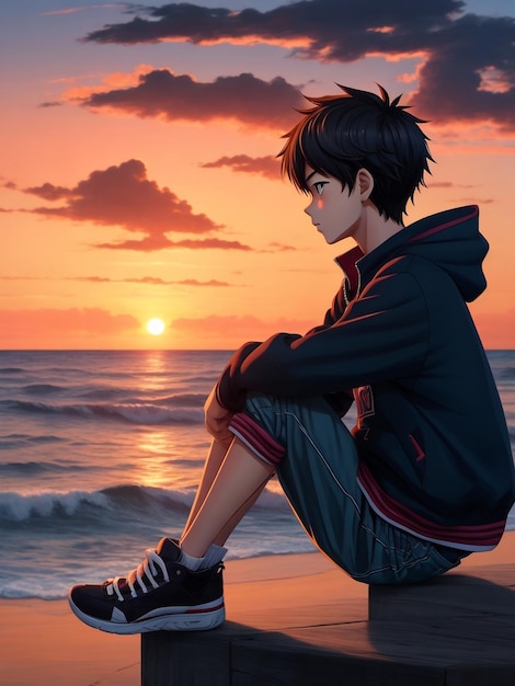 Imagem artística do anime boy na praia assistindo o pôr do sol