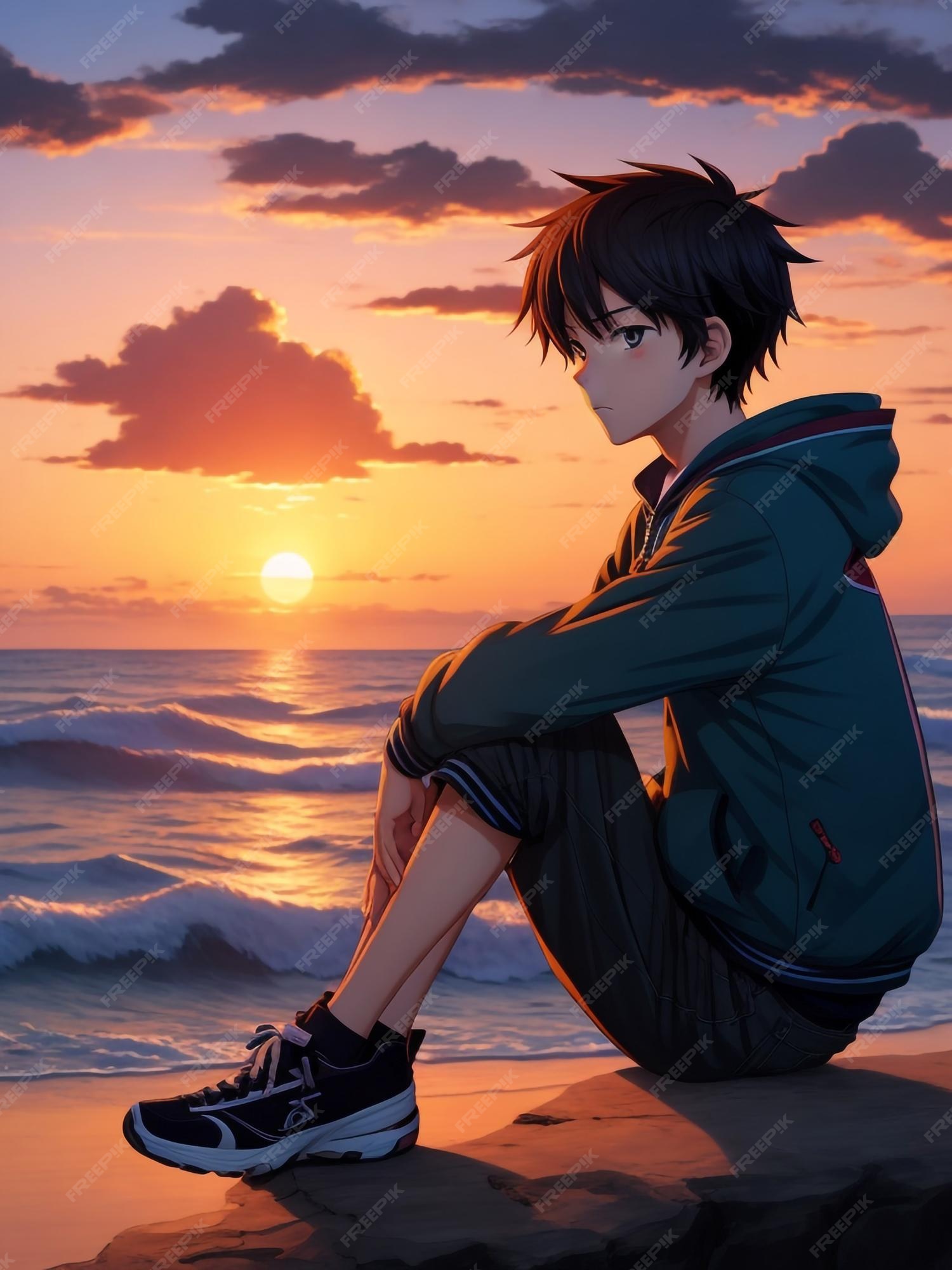 Imagem artística do anime boy na praia assistindo o pôr do sol