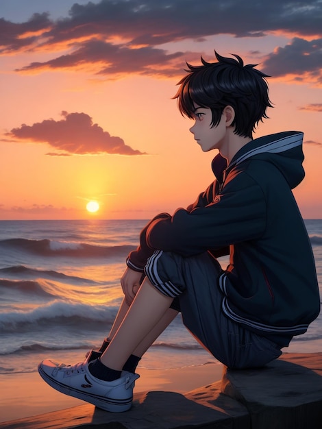 Imagem artística do anime Boy na praia assistindo o pôr do sol