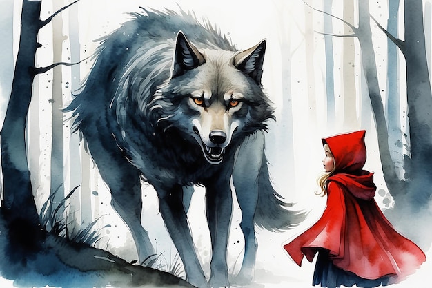 Imagem artística em aquarela de Capuz Vermelho e o Lobo Mau