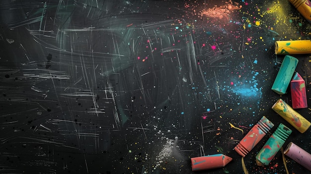 Imagem artística vibrante com lápis de cor pastel usados espalhados sobre um fundo de textura escura salpicado