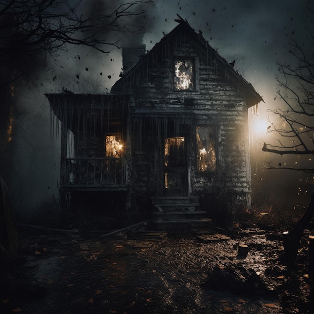 Imagem assustadora e misteriosa de uma casa assombrada com janelas dilapidadas e aparições fantasmagóricas