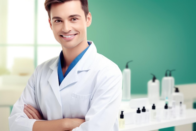 Imagem atraente para um anúncio mostrando um cosmetologista paramédico profissional em um ambiente clínico moderno, limpo e acolhedor