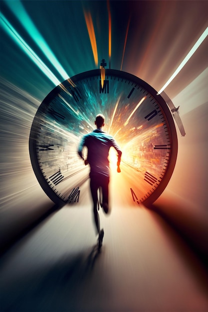 Foto imagem borrada de homem correndo em túnel com relógio na parede generativa ai