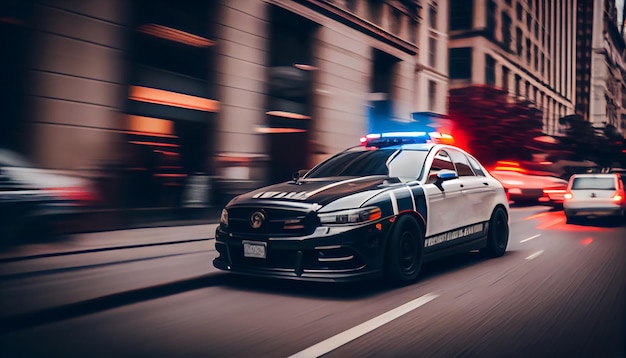 Imagem borrada de um carro da polícia que se move rapidamente em uma rua da cidade