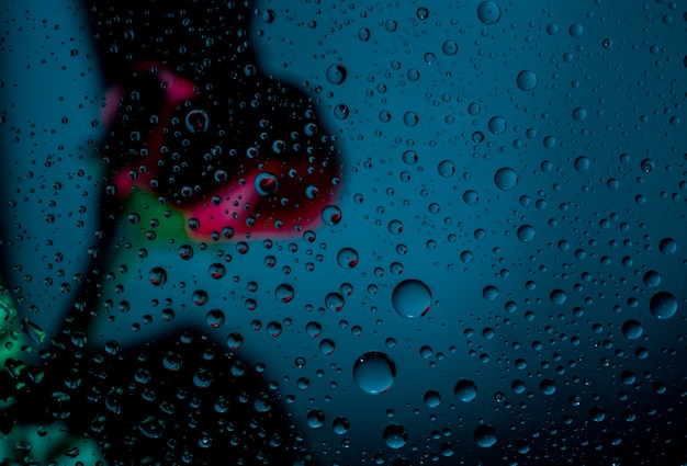 Imagem borrada de uma rosa vermelha atrás de um vidro transparente de uma janela com uma gota de água no fundo azul