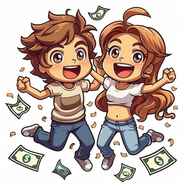Imagem brilhante de desenho animado kawaii de um casal de jovens pulando de alegria