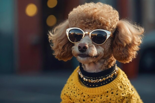 Imagem brilhante poodle castanho à moda em roupas elegantes e óculos de sol na rua multicolorido