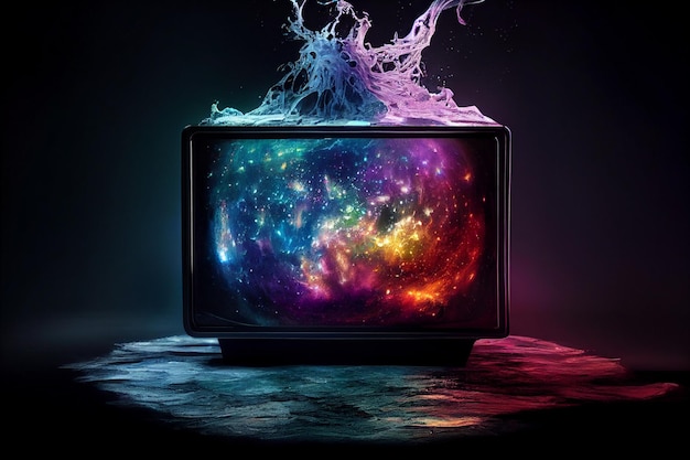 Imagem brilhantemente colorida de uma televisão com galáxia na tela generative ai