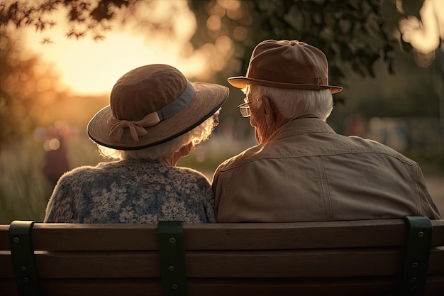 Imagem calmante e nostálgica de um casal de idosos assistindo o pôr do sol em um banco na IA generativa do parque