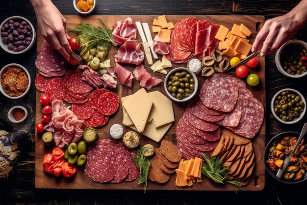 Imagem capturando o processo de montagem de uma travessa de charcutaria com as mãos habilidosas de um chef arrumando fatias de salame e queijo junto com ingredientes complementares Generative Ai