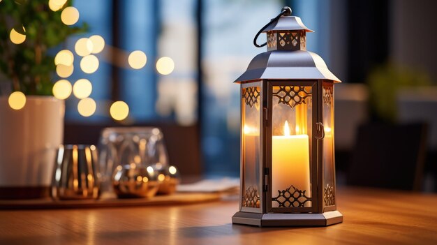 imagem cativante de uma bela lanterna decorativa branca realçando qualquer espaço com seu brilho suave contra um fundo de luzes desfocadas
