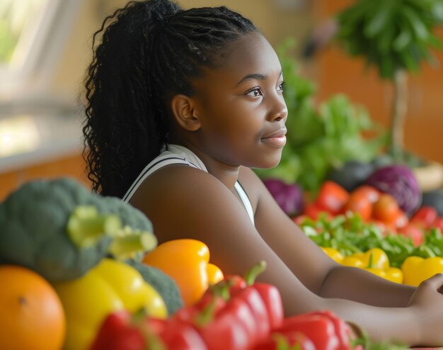 Imagem cativante de uma mulher afro-americana vendendo legumes e ervas frescas incorporando