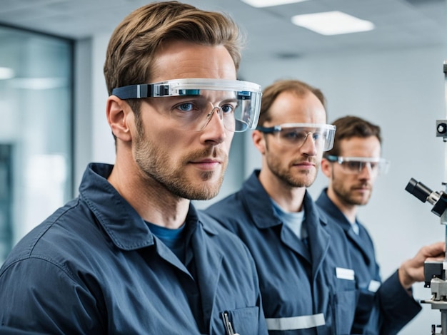 Imagem central da RampD com retrato de engenheiros usando óculos de proteção pesquisando novos