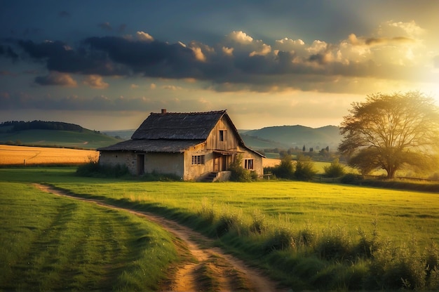 Imagem cinematográfica de uma pacífica fazenda agrícola no campo