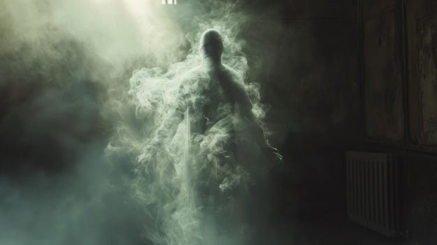 Imagem cinematográfica realista de uma criatura excêntrica parecida com um fantasma feita de fumaça por Generative