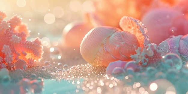 Foto imagem colorida de conchas e bolhas na praia