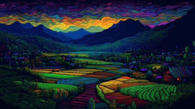 Imagem colorida de ilustração de estilo de casa noturna de campo de arroz AI arte gerada