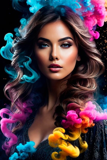 Foto imagem colorida de mulher encantadora entre fumaça colorida ambiente mágico e de outro mundo