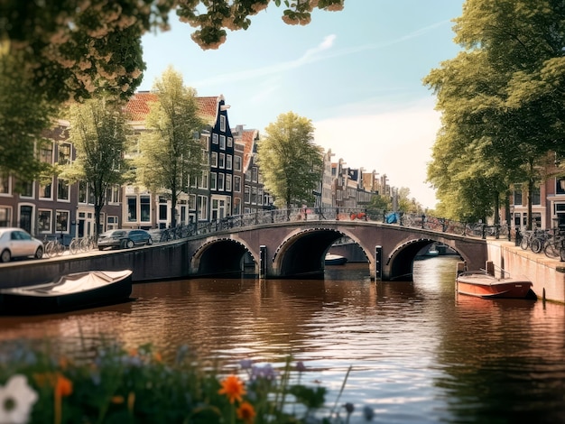 Imagem colorida dos canais de Amsterdã no verão