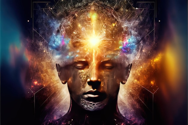 Imagem colorida eclética da metáfora da meditação com forma da cabeça humana e iluminação das cores Generative Ai