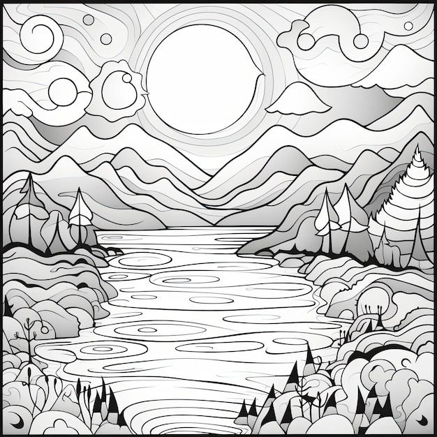 Imagem colorida em preto e branco de um lago místico