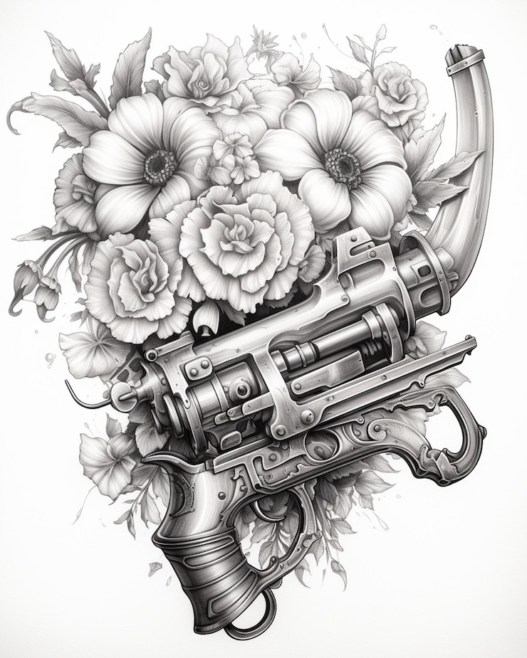 Foto imagem com flores e arma em preto e branco