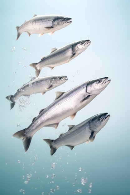 Imagem comercial de salmão em fundo azul com salpicos de água geração de IA