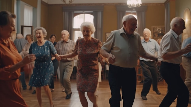 Foto imagem completa de um grupo de idosos dançando e desfrutando de atividades dentro de uma casa de repouso generative ai