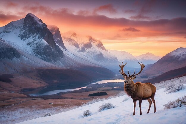 Imagem composta de cervo vermelho em Beautiful Alpen Glow atingindo picos de montanhas nas Terras Altas da Escócia durante o deslumbrante amanhecer da paisagem de inverno