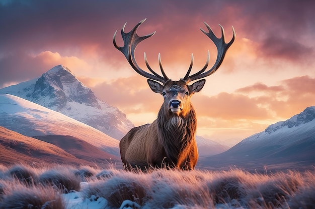 Imagem composta de cervo vermelho em Beautiful Alpen Glow atingindo picos de montanhas nas Terras Altas da Escócia durante o deslumbrante amanhecer da paisagem de inverno
