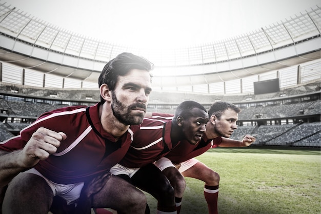 Imagem composta de diversos jogadores de rúgbi em campo