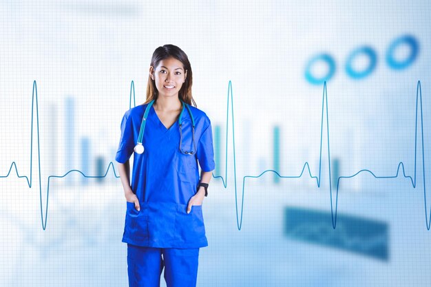 Imagem composta de enfermeira asiática com as mãos no bolso